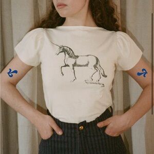 Samantha Pleet Unicorn Graphic Puff Sleeve Tee - Cream with Black Print